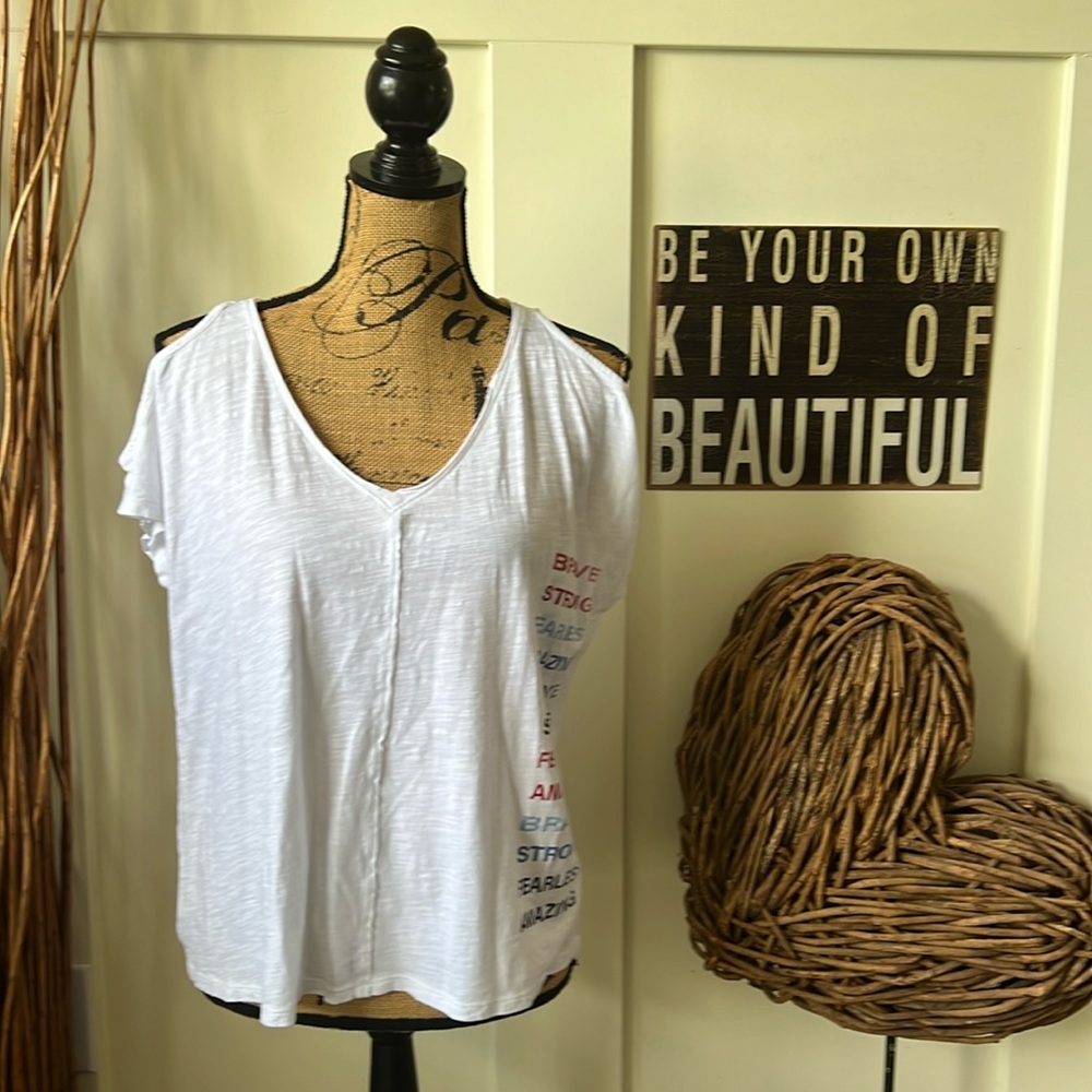Cato Red White & Blue Open Back Cold Shoulder Top Brave Strong Fearless Amazing